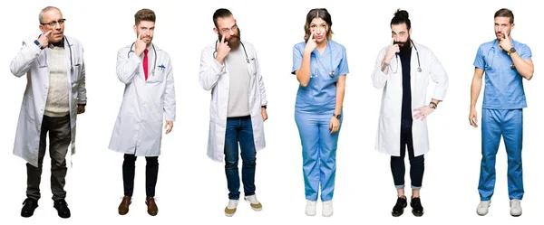 Колаж Групи Лікарів Хірургів Людей Над Білим Ізольованим Тлом Вказуючи — стокове фото