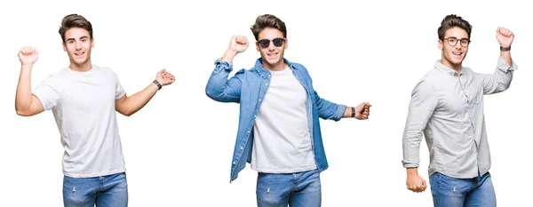 Collage Eines Jungen Gut Aussehenden Mannes Mit Sonnenbrille Vor Isoliertem — Stockfoto