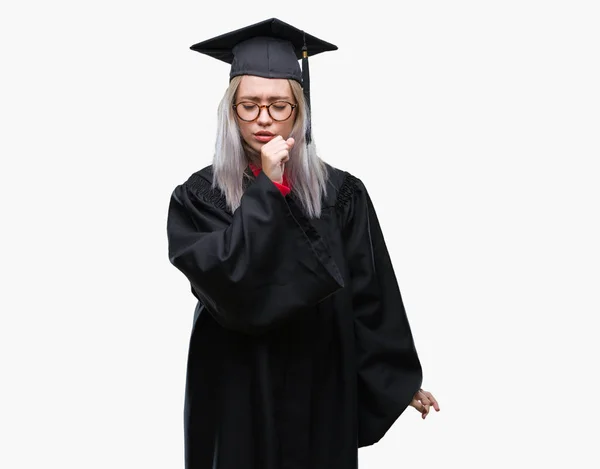 Mladá Blond Žena Nosí Postgraduální Uniforma Izolované Pozadí Pocit Nepohody — Stock fotografie