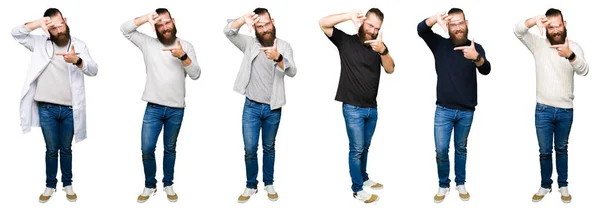Collage Young Man Bun White Isolated Background Smiling Making Frame — Stock Photo, Image