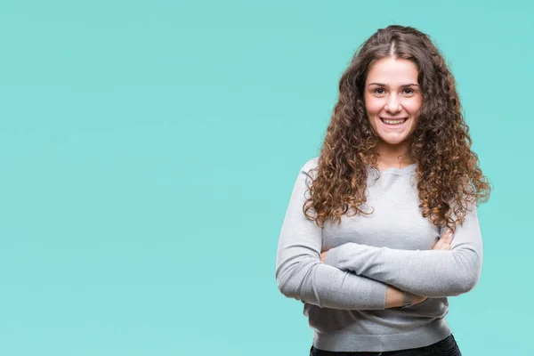 Mooie Brunette Krullend Haar Jong Meisje Dragen Een Trui Geïsoleerde — Stockfoto