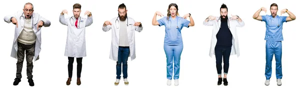 Collage Grupo Médicos Cirujanos Personas Sobre Fondo Blanco Aislado Señalando — Foto de Stock