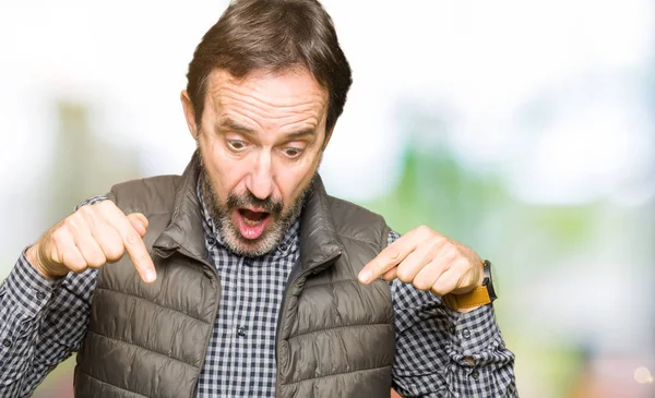 Middle Age Handsome Man Wearing Winter Vest Pointing Fingers Showing — Stock Photo, Image