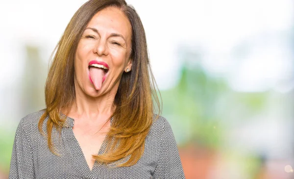 Beautiful Middle Age Business Woman Sticking Tongue Out Happy Funny — Stock Photo, Image