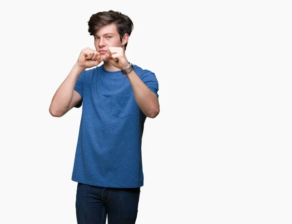 Jovem Homem Bonito Vestindo Camiseta Azul Sobre Fundo Isolado Punho — Fotografia de Stock