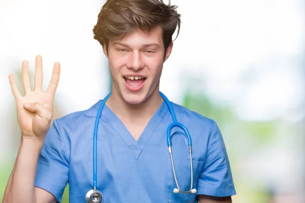 Jonge Dokter Medische Uniform Dragen Geïsoleerde Achtergrond Weergeven Met Vingers — Stockfoto