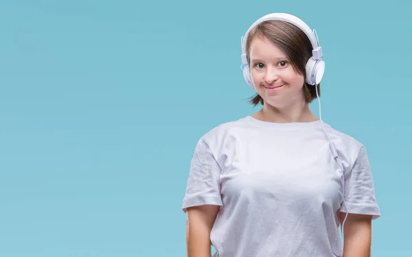 Mujer Adulta Joven Con Síndrome Que Usa Auriculares Sobre Fondo —  Fotos de Stock