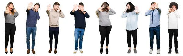 Collage People White Isolated Background Covering Eyes Hands Doing Stop — Stock Photo, Image