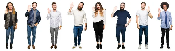 Collage Människor Över Vit Isolerade Bakgrund Åsidosättande Säga Hej Glad — Stockfoto
