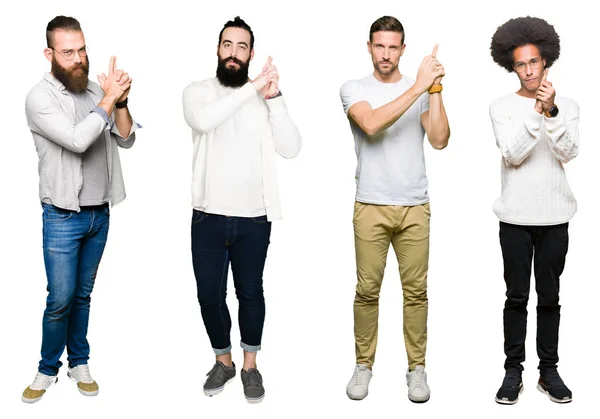 Collage Van Groep Jonge Mannen Witte Geïsoleerde Achtergrond Holding Symbolische — Stockfoto