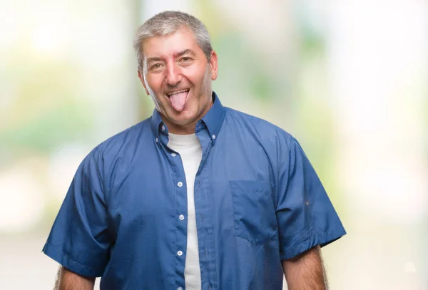 Handsome Senior Man Isolated Background Sticking Tongue Out Happy Funny — Stock Photo, Image