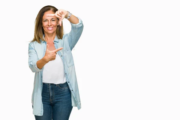 Middle Age Adult Woman Wearing Casual Denim Shirt Isolated Background — Stock Photo, Image