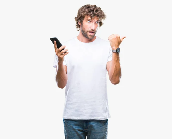Jóképű Spanyol Férfi Modell Küldött Üzenet Sms Használ Smartphone Felső — Stock Fotó