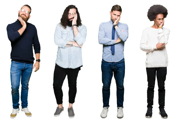 Collage Grupp Unga Män Över Vit Isolerade Bakgrund Tänkande Ser — Stockfoto