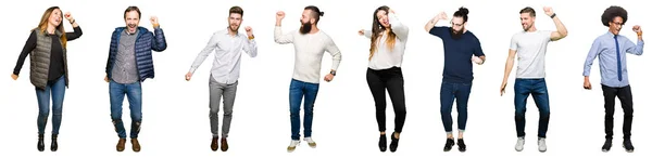 Коллаж Людей Белом Изолированном Фоне Танцуют Счастливые Веселые Улыбаясь Движущиеся — стоковое фото