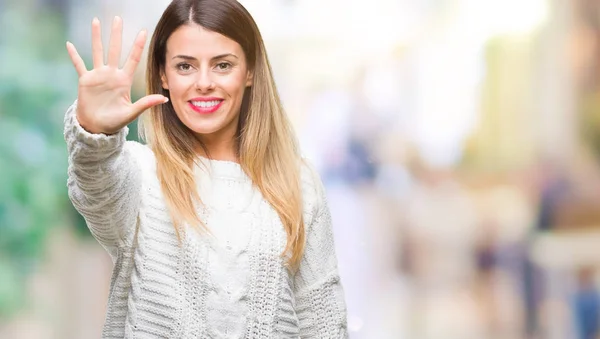 Joven Hermosa Mujer Suéter Blanco Casual Sobre Fondo Aislado Mostrando — Foto de Stock