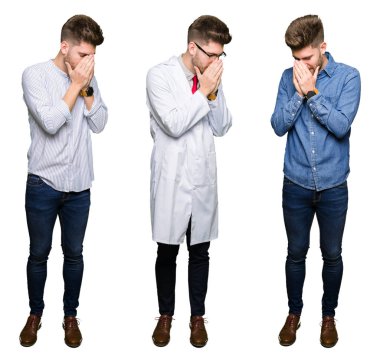 Kolaj profesyonel yakışıklı genç üzerinde beyaz bir arka plan üzgün ifade yüz eller ile ağlayarak süre kapsayan ile izole. Depresyon kavramı.