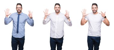 Kolaj yakışıklı iş adamı gösterilen ve parmakları ile işaret beyaz izole arka plan üzerinde bir süre kendinden emin ve mutlu gülümseyerek 8 numaralı.
