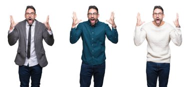 Kolaj yakışıklı iş adamı üzerinde beyaz bir arka plan çılgın kutlama izole ve başarı için kaldırdı kollarını açarak hayrete ve heyecanlı çığlık gözleri açık. Kazanan kavramı