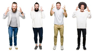 Kolaj Grup Genç üzerinde beyaz bir arka plan boğazlamak istiyor eller öfke ile sinirli bağırarak deli bağırıp izole