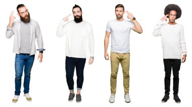 Kolaj bir grup beyaz izole üzerinde genç adam arka plan baş için intihar jest çekim ve kendini el ve parmak işaret öldürmek.