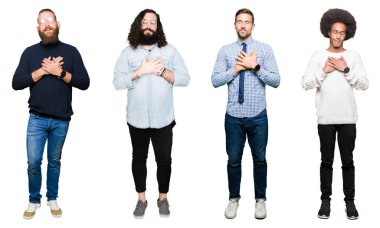 Göğüs kapalı gözler ve yüzünde minnettar jest ile kolaj bir grup genç ile gülümseyen beyaz izole arka plan üzerinde eller. Sağlık kavramı.