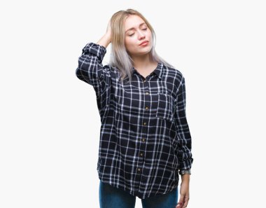 Sarışın genç kadın izole arka plan üzerinde yanıltır ve soru hakkında merak ediyorum. Şüphe, kafasına el ile düşünme ile belirsiz. Dalgın kavramı.