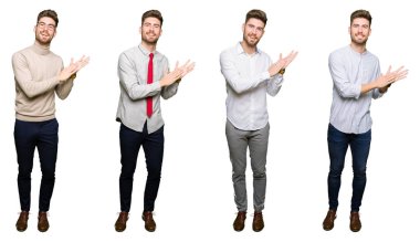 Kolaj yakışıklı genç iş adamı izole beyaz üzerinde bir arka plan Clapping ve mutlu ve neşeli, gururlu gülümseyen eller birlikte alkış