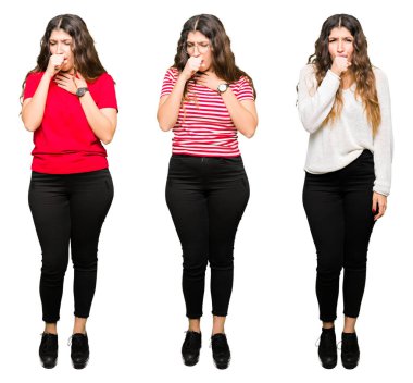 Kolaj beyaz güzel genç kadın bir soğuk veya bronşit için arka plan duygu hasta ve semptom olarak öksürük izole. Sağlık kavramı.