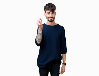 Yakışıklı delikanlı izole arka plan üzerinde yapıyor İtalyan jest el ve parmak emin ifadesiyle