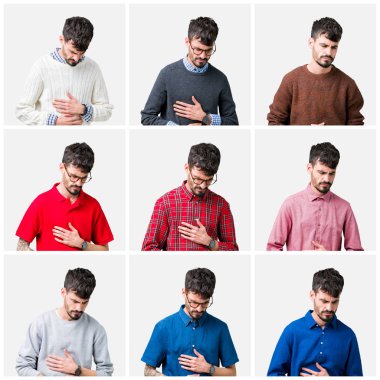 Genç adam kolaj izole mide üzerinde el ile arka plan çünkü mide bulantısı, ağrılı hastalık hasta hissediyor. Ağrısı kavramı.