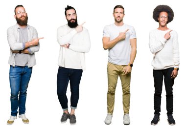 Kolaj bir grup genç adam beyaz izole üzerinde işaretleme için reklam, ciddi ve sakin yüz gösterilen yan el parmak ile arka plan