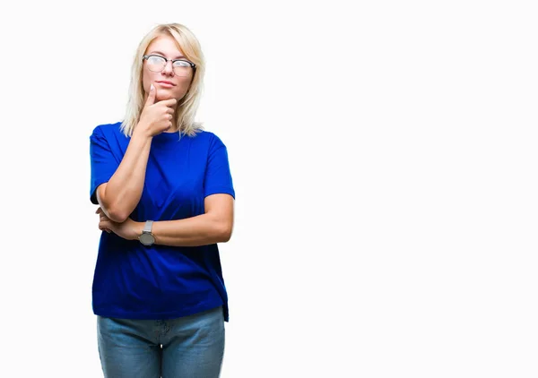 Joven Hermosa Mujer Rubia Con Gafas Sobre Fondo Aislado Con — Foto de Stock