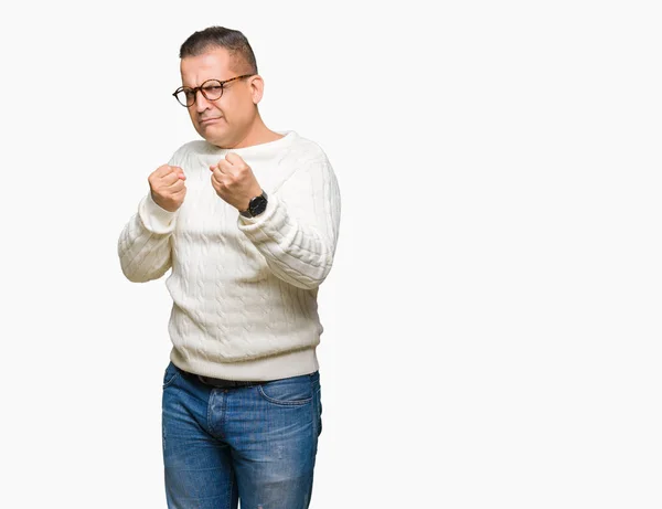 Hombre Árabe Mediana Edad Con Gafas Sobre Fondo Aislado Listo — Foto de Stock