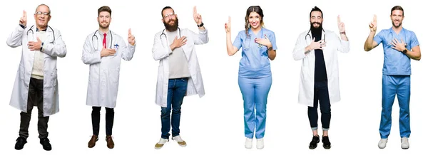Collage Grupo Médicos Cirujanos Personas Sobre Fondo Blanco Aislado Juramento — Foto de Stock