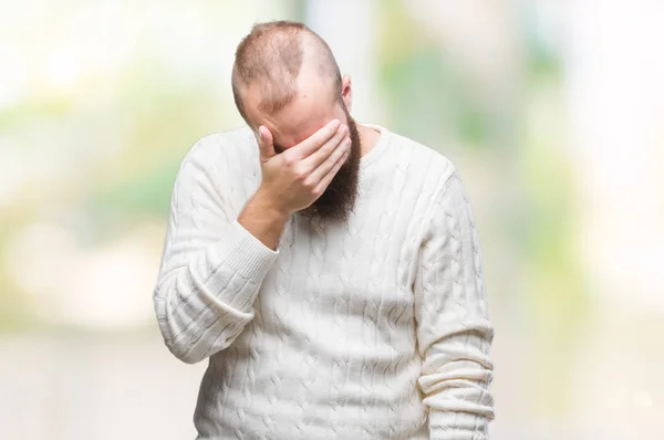 Jonge Kaukasische Hipster Man Winter Trui Dragen Geïsoleerde Achtergrond Met — Stockfoto