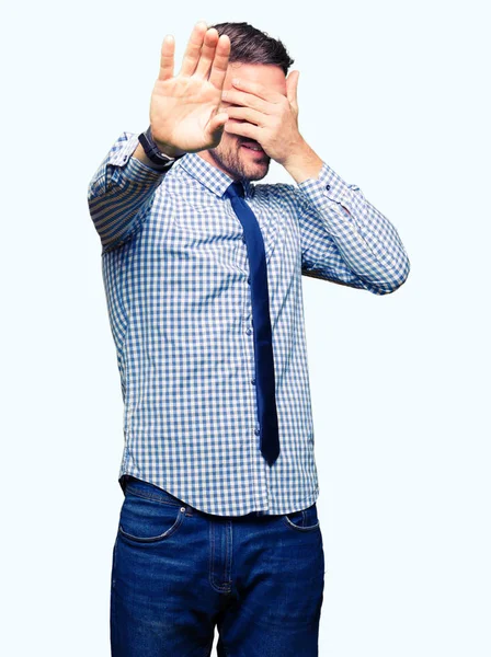 Handsome Business Man Wearing Tie Covering Eyes Hands Doing Stop — Stock Photo, Image