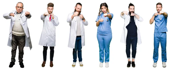 Collage Gruppo Medici Chirurghi Persone Sfondo Bianco Isolato Pugno Pugno — Foto Stock