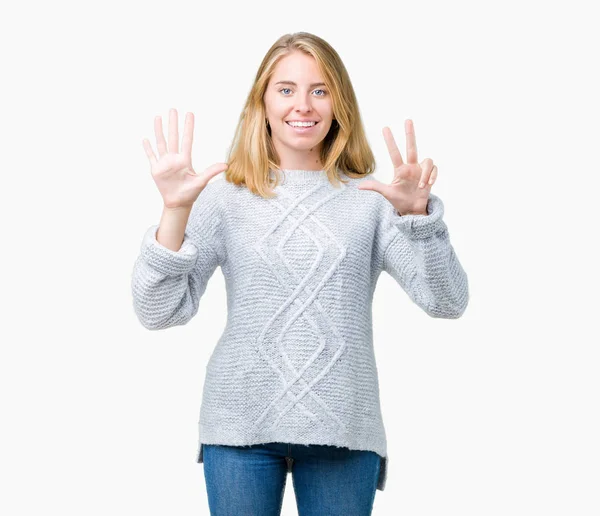 Mulher Bonita Usando Camisola Inverno Sobre Fundo Isolado Mostrando Apontando — Fotografia de Stock