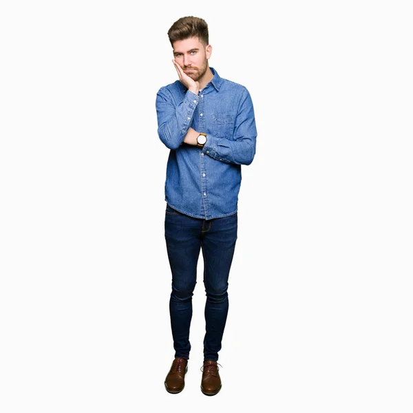 Young Handsome Blond Man Wearing Casual Denim Shirt Thinking Looking — Stock Photo, Image