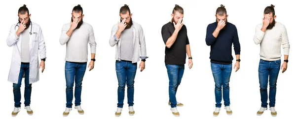 Colagem Homem Jovem Com Coque Sobre Fundo Isolado Branco Cansado — Fotografia de Stock