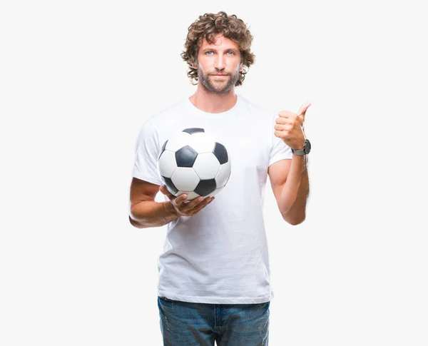 Guapo Hispano Hombre Modelo Celebración Fútbol Pelota Sobre Aislado Fondo — Foto de Stock