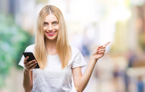 Young Beautiful Blonde Woman Using Smartphone Isolated Background Very Happy — Stock Photo, Image