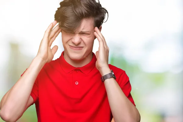 Genç Yakışıklı Adam Giyen Kırmızı Shirt Çünkü Umutsuz Stresli Baş — Stok fotoğraf