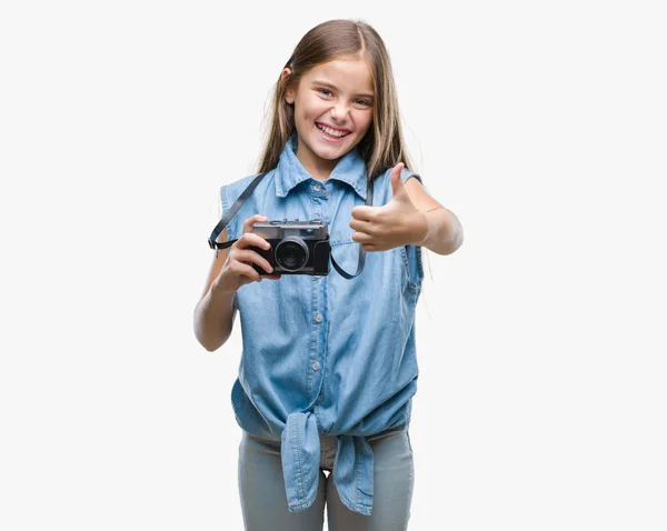 Young Beautiful Girl Taking Photos Using Vintage Camera Isolated Background — Stock Photo, Image