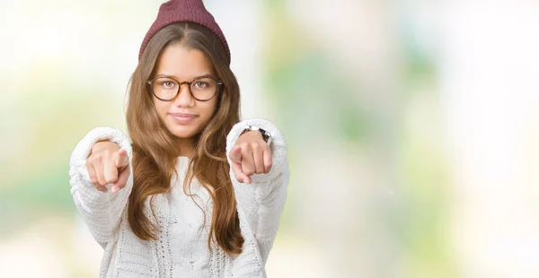 Young Beautiful Brunette Hipster Woman Wearing Glasses Winter Hat Isolated — Stock Photo, Image