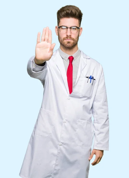 Young Handsome Scientist Man Wearing Glasses Doing Stop Sing Palm — Stock Photo, Image