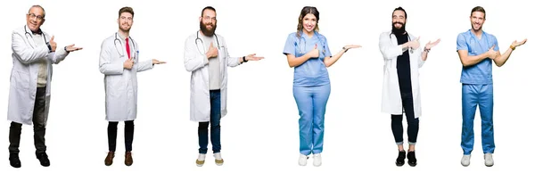 Collage Group Doctors Surgeons People White Isolated Background Showing Palm — Stock Photo, Image