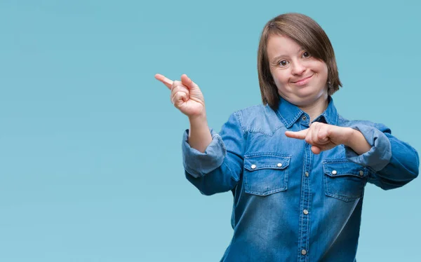 Young Adult Woman Syndrome Isolated Background Smiling Looking Camera Pointing — Stock Photo, Image