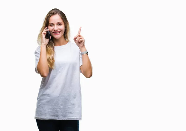 Young Beautiful Blonde Woman Calling Using Smartphone Isolated Background Surprised — Stock Photo, Image